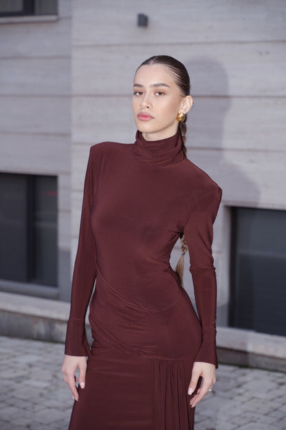 Long-Sleeve Sculpted Maxi Dress — Chocolate