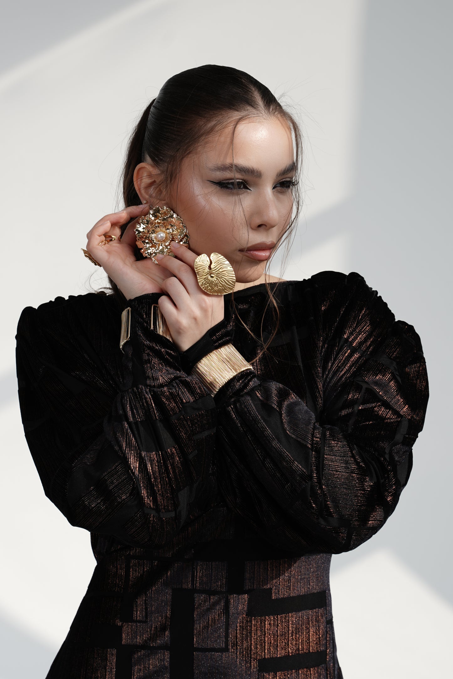 Black GOLD shine Maxi Dress with Structured Shoulders