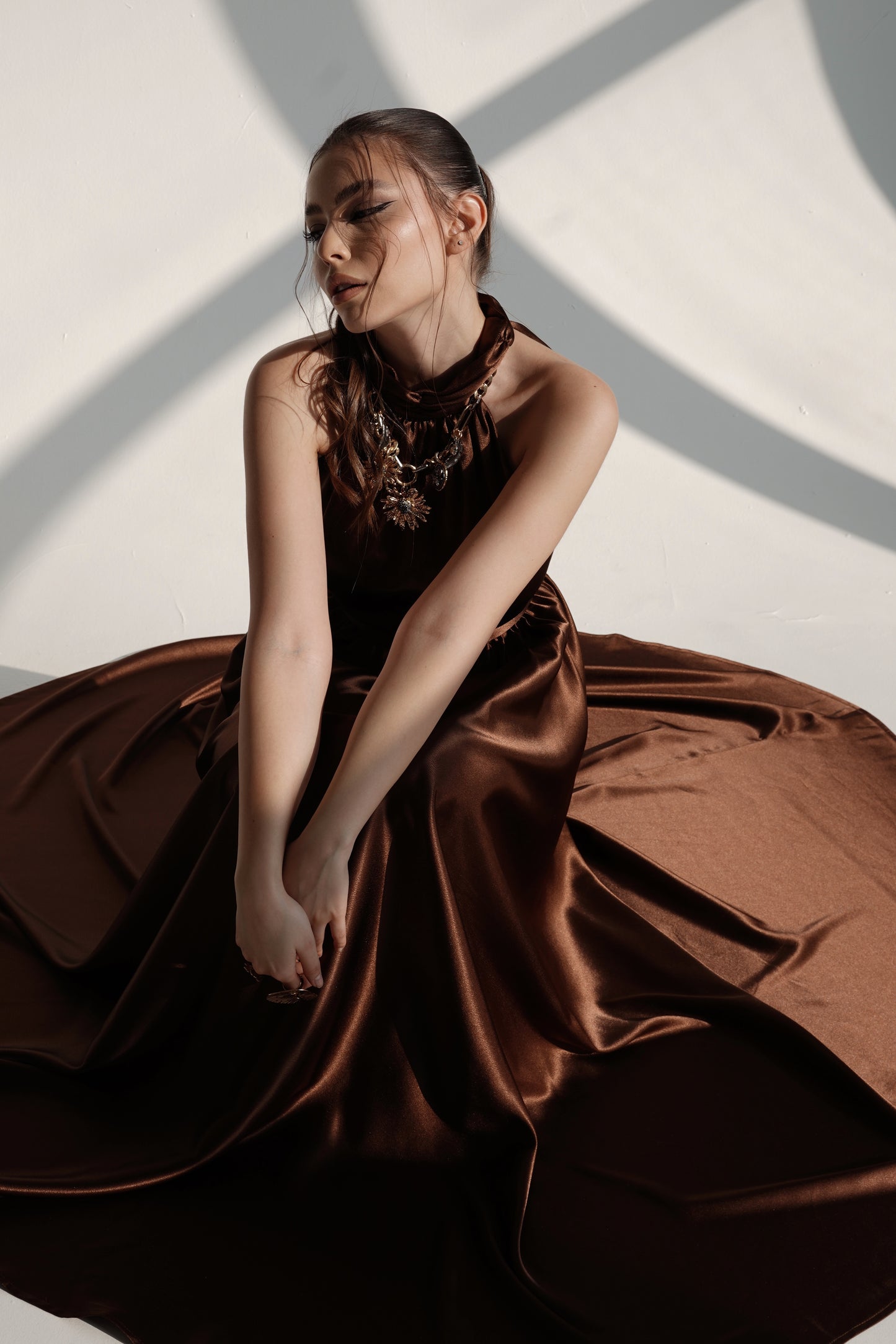 High-Neck Flowing Satin Evening Dress