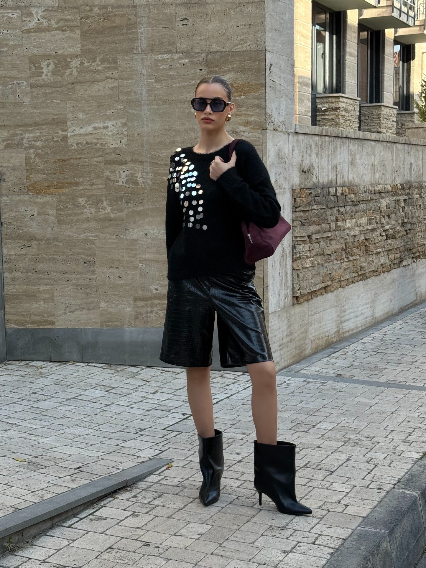 Cream Off-Shoulder Embellished Sweater – Soft Knit with Sequin Detail