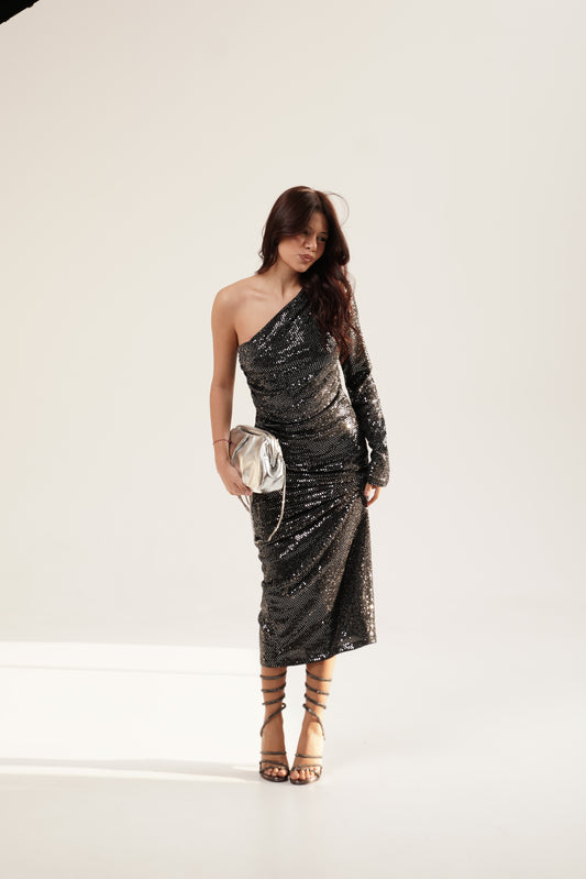 One-Shoulder Metallic Maxi Dress