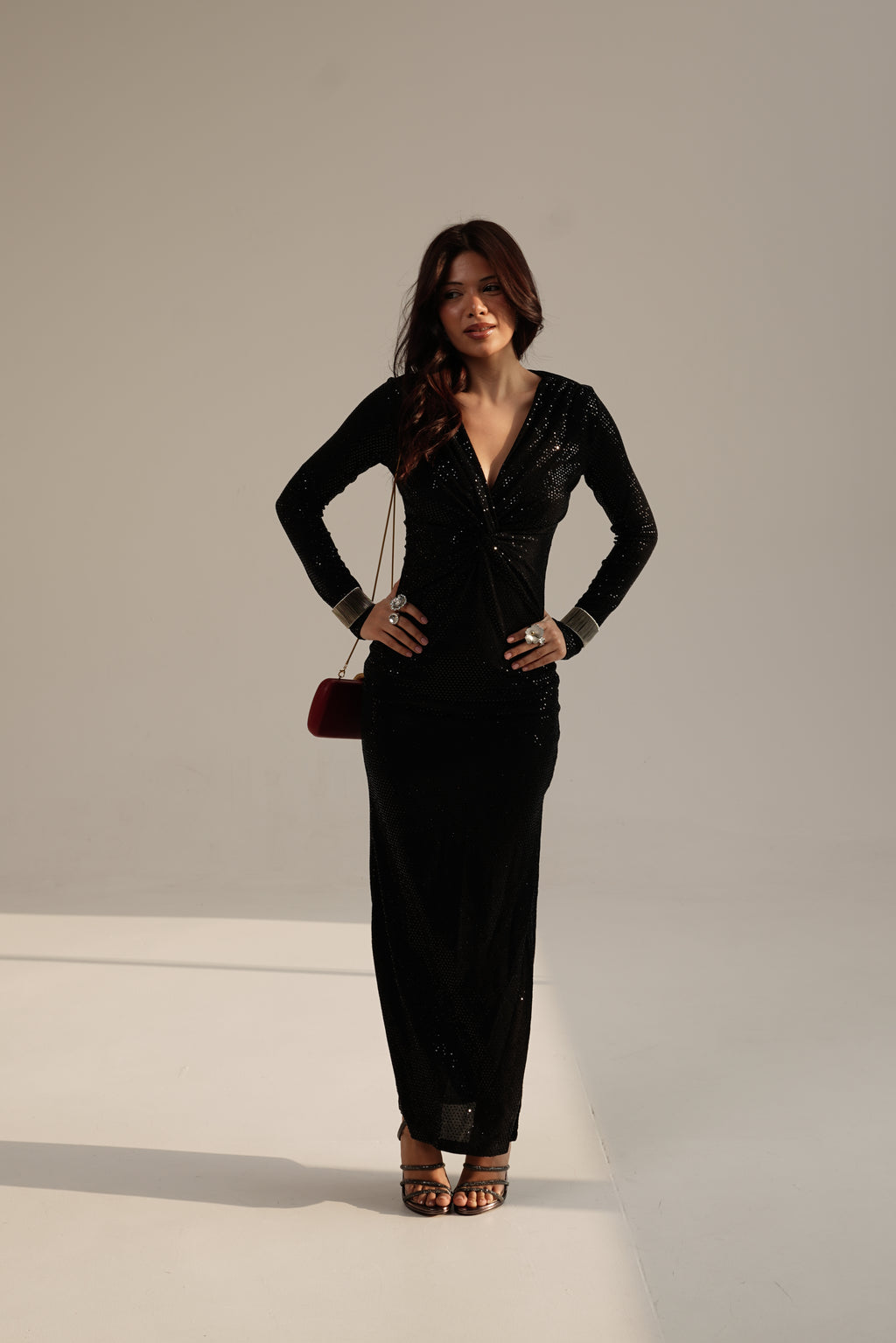 Metallic V-Neck Maxi Dress with Slit