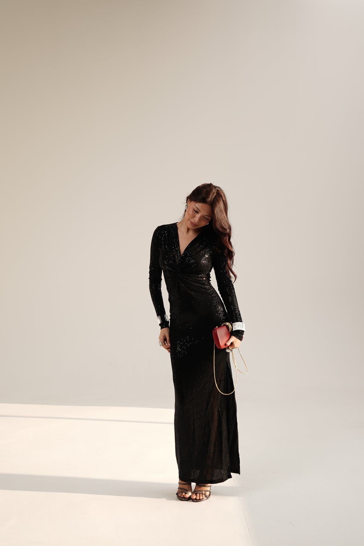 Metallic V-Neck Maxi Dress with Slit