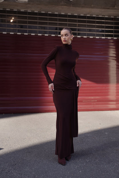 Long-Sleeve Sculpted Maxi Dress — Chocolate