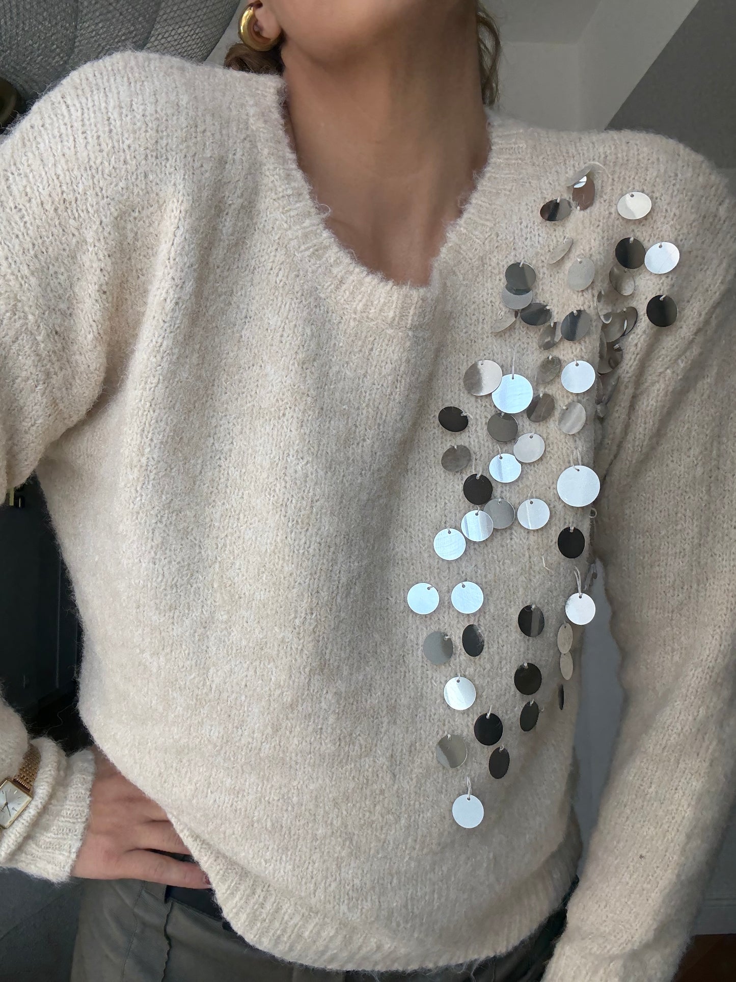 Cream Off-Shoulder Embellished Sweater – Soft Knit with Sequin Detail