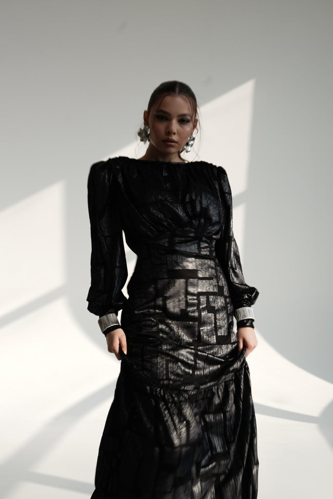 Black Metallic Maxi Dress with Structured Shoulders