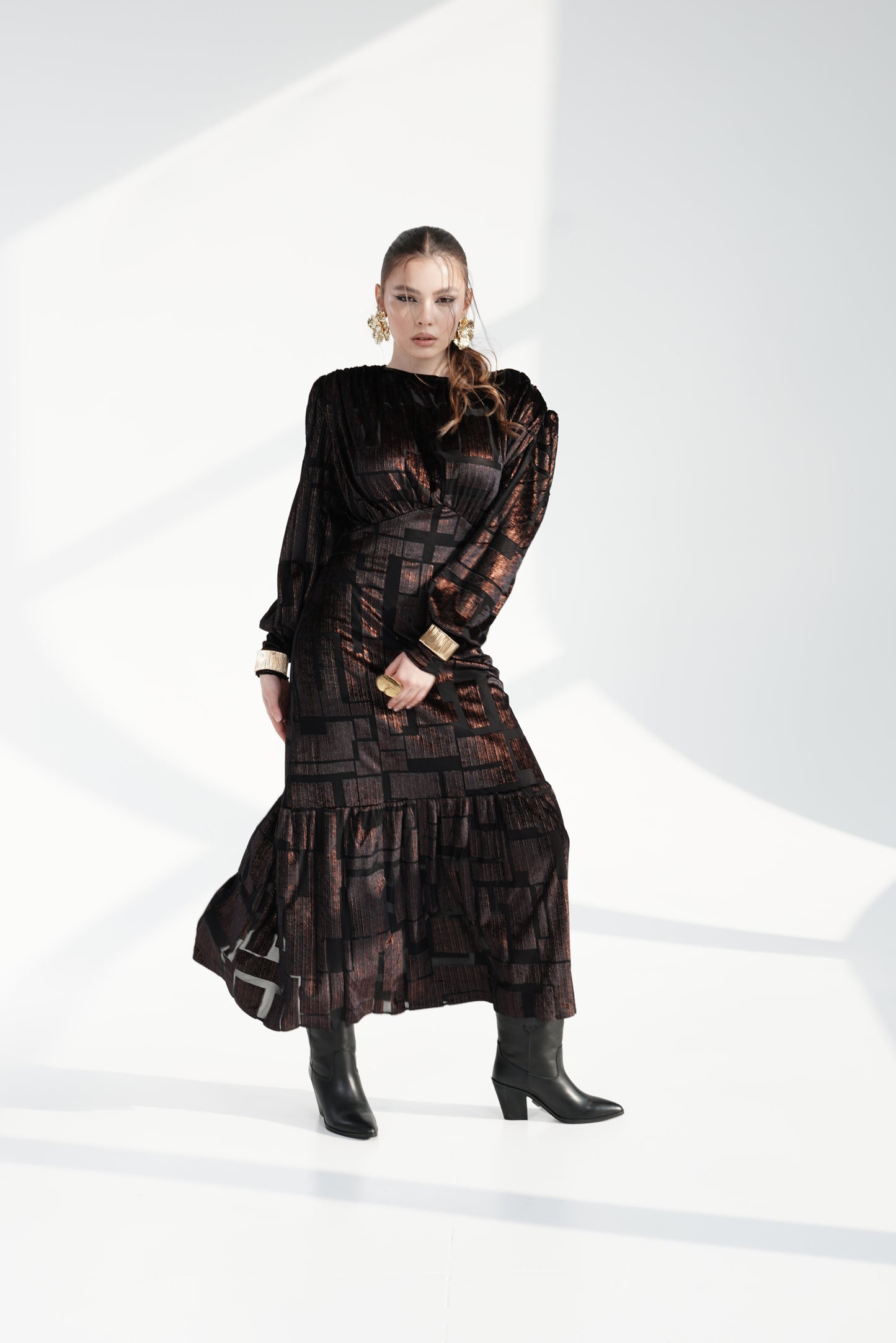 Black GOLD shine Maxi Dress with Structured Shoulders