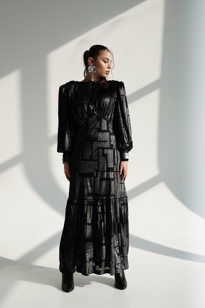 Black Metallic Maxi Dress with Structured Shoulders