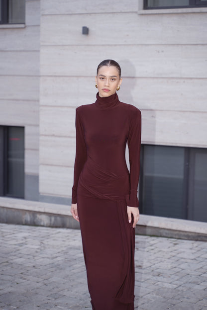 Long-Sleeve Sculpted Maxi Dress — Chocolate