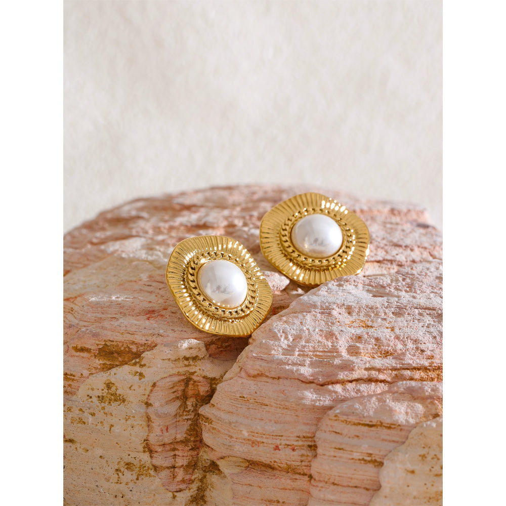 Circle Simulated Pearl Ear Studs PVD Fashion Stainless Steel Stud Earrings