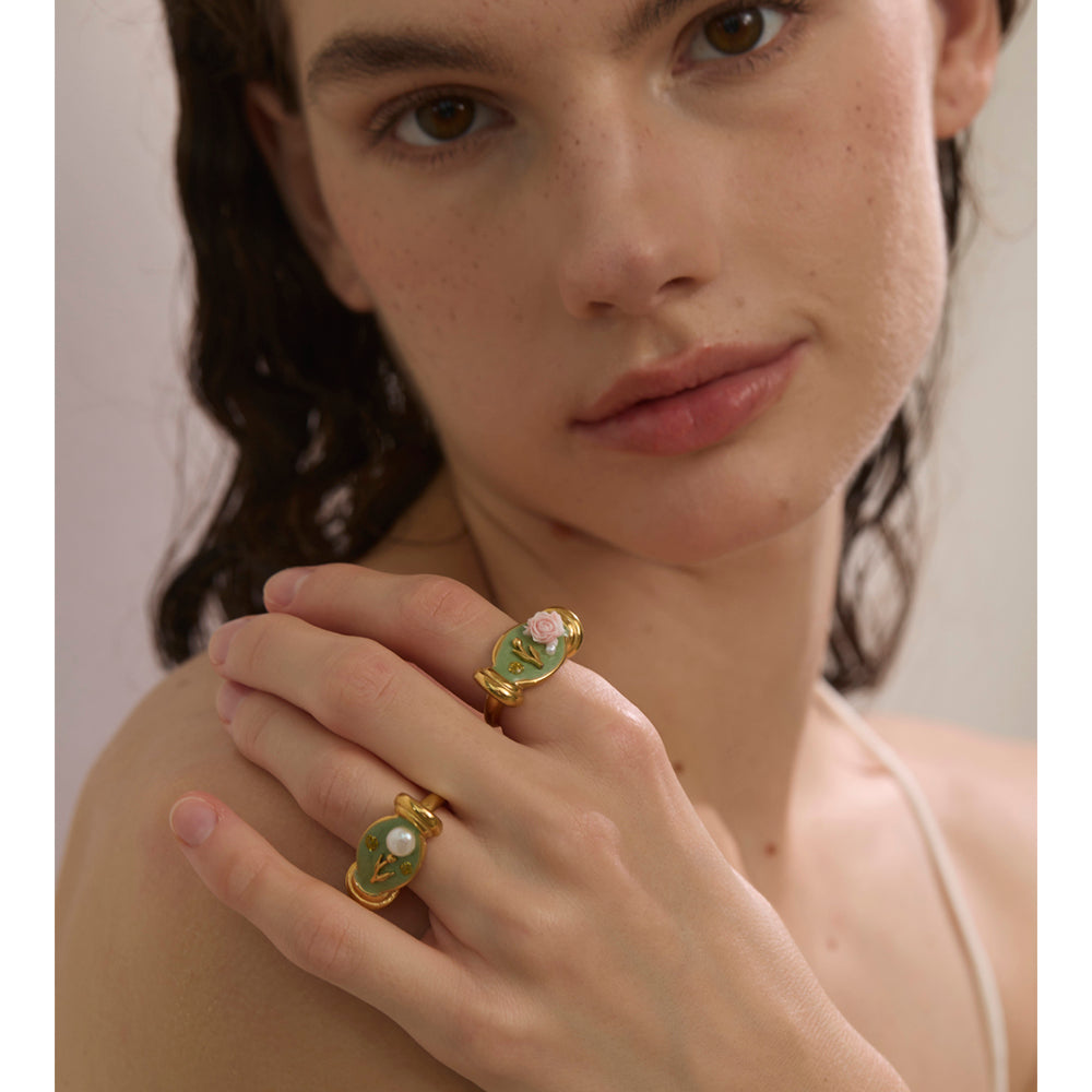 Stainless Steel Open Finger Jewelry Fashion Green Enamel Pearl Flower Cast Rings 2 pcs