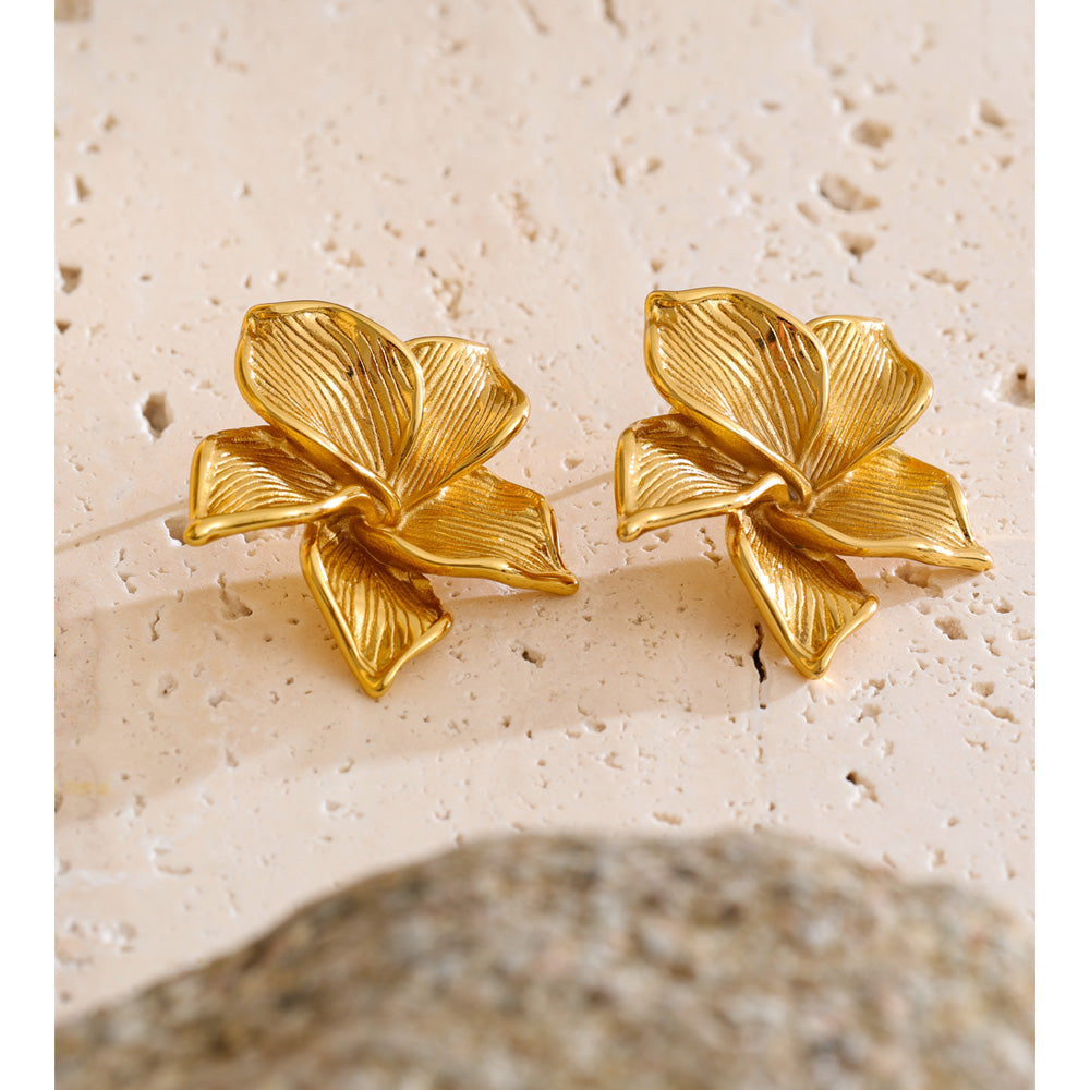 Flower Shaped Earrings Stainless Steel Gold Plated Waterproof Ear Studs