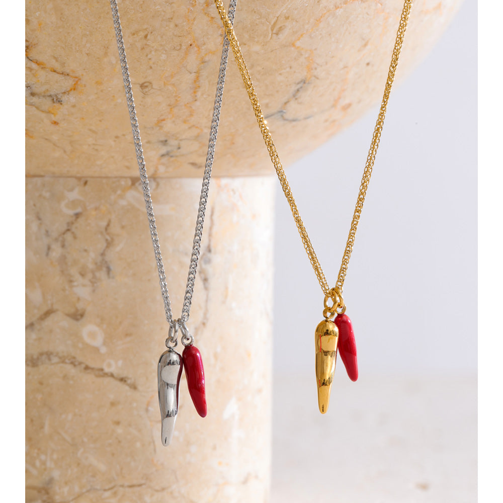 Stainless Steel Enamel Chili Pendant Necklace Waterproof 16K Gold Plated Necklace