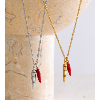 Stainless Steel Enamel Chili Pendant Necklace Waterproof 16K Gold Plated Necklace