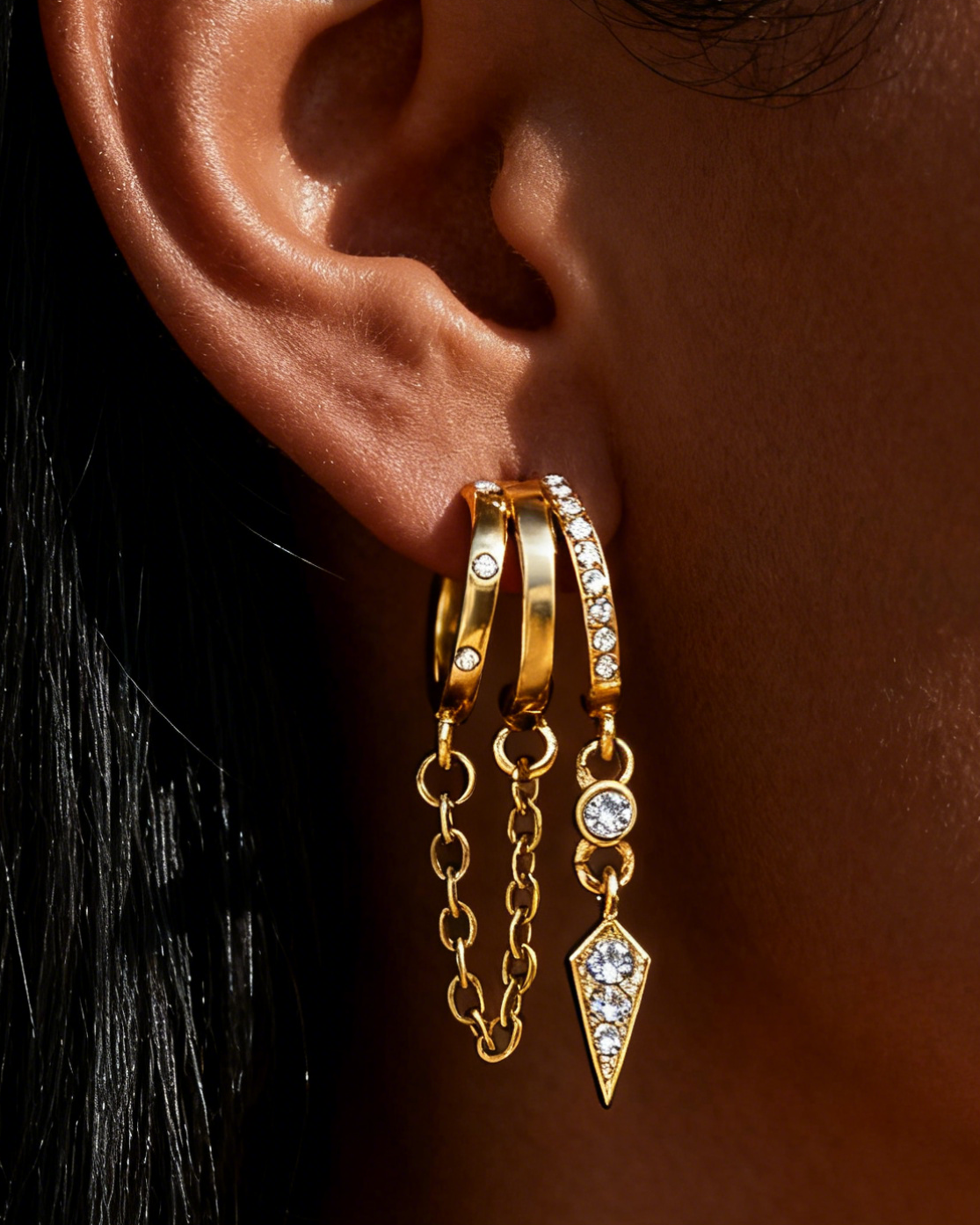Golden Trinity Chain Drop Hoops