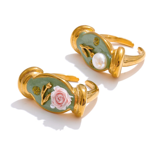 Stainless Steel Open Finger Jewelry Fashion Green Enamel Pearl Flower Cast Rings 2 pcs
