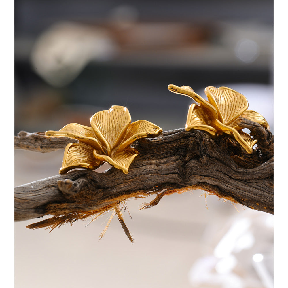 Flower Shaped Earrings Stainless Steel Gold Plated Waterproof Ear Studs