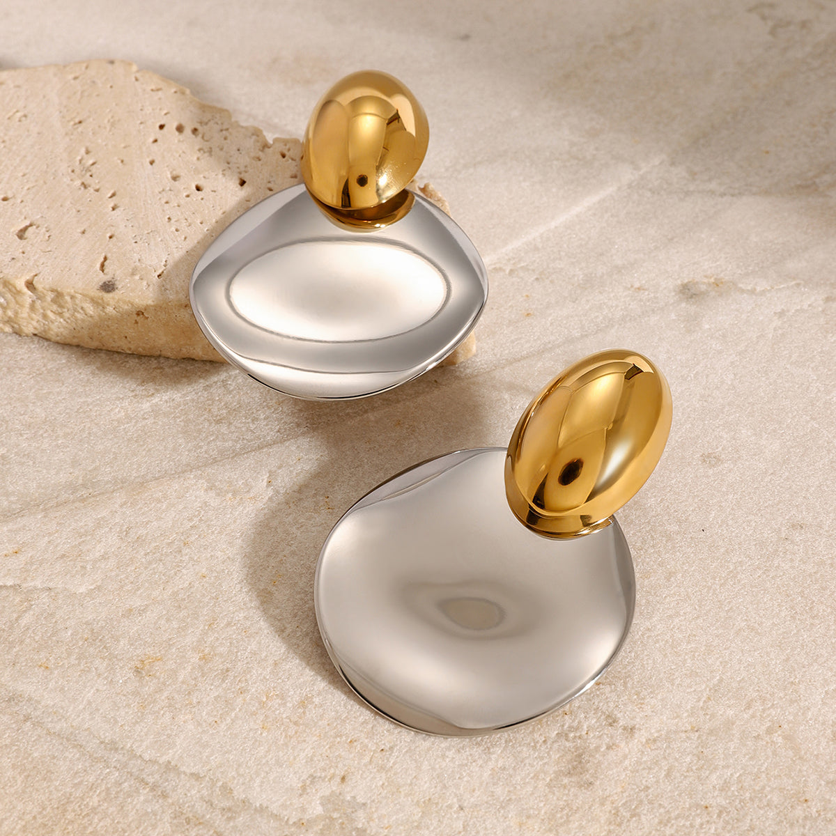 Two Tone Smooth Oval Wave Round Drop Earrings