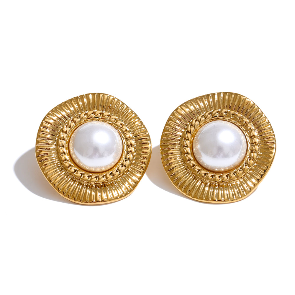 Circle Simulated Pearl Ear Studs PVD Fashion Stainless Steel Stud Earrings