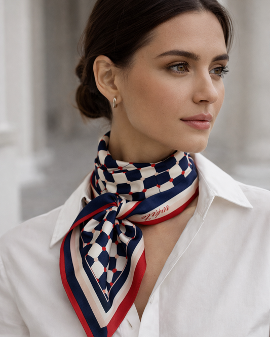 Navy Geometric Silk-Feel Scarf