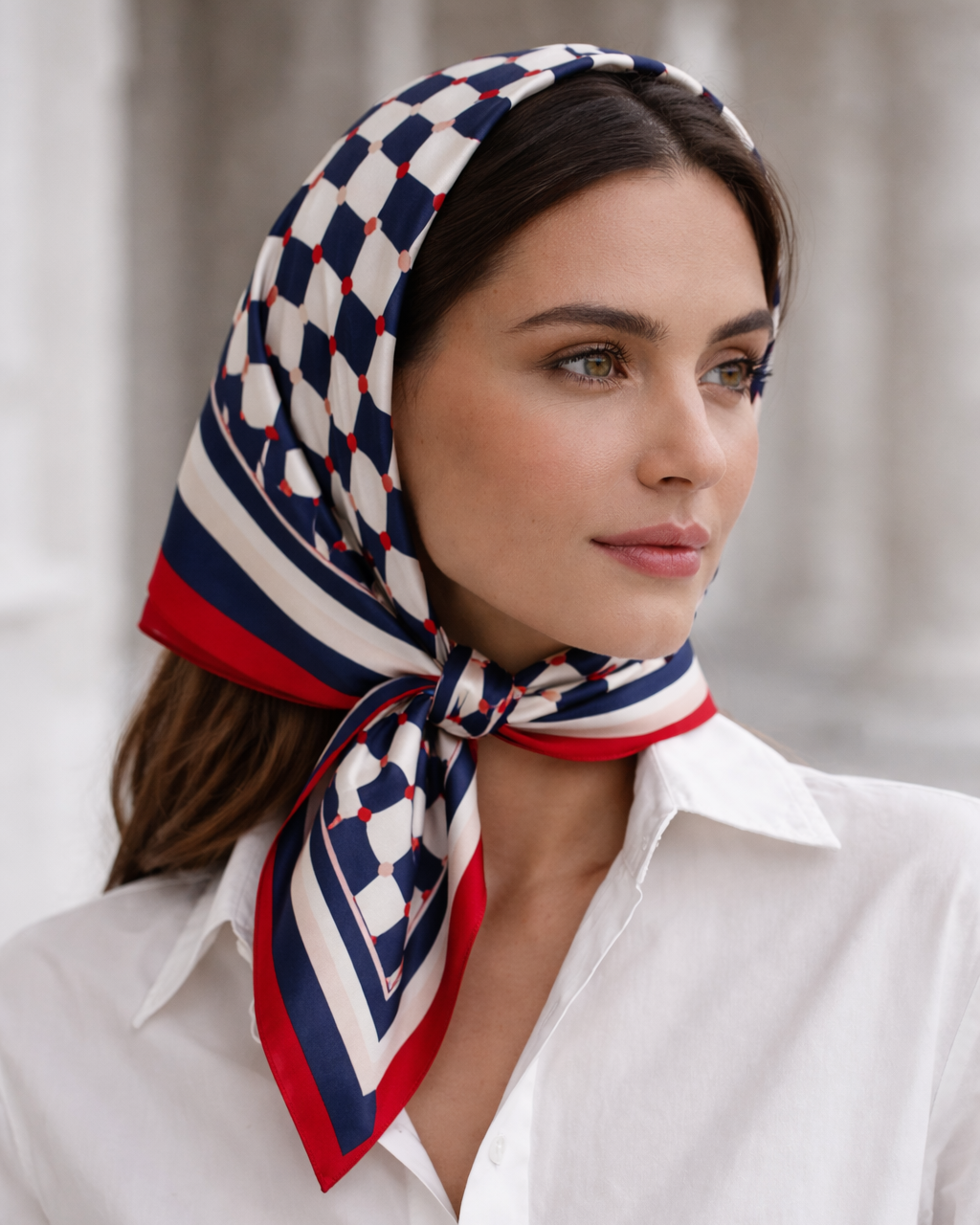 Navy Geometric Silk-Feel Scarf