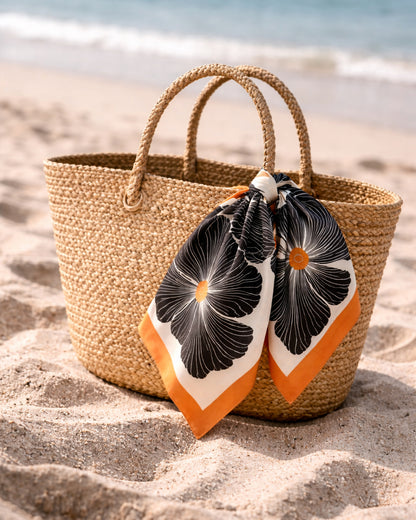 Floral Silk Scarf – Black & Sunset Orange