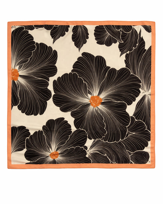 Floral Silk Scarf – Black & Sunset Orange