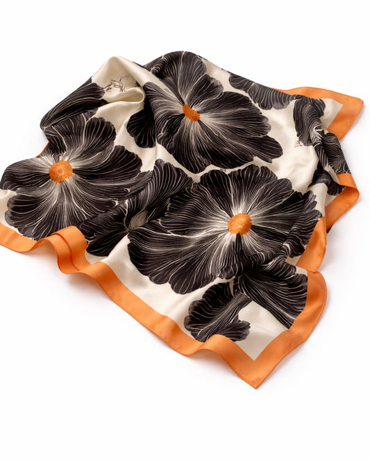 Floral Silk Scarf – Black & Sunset Orange
