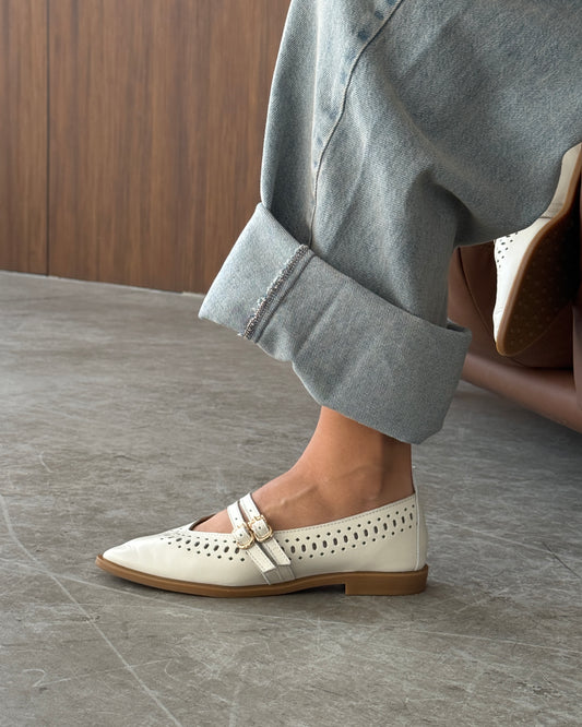 Perforated Leather Mary Jane Flats – Ivory