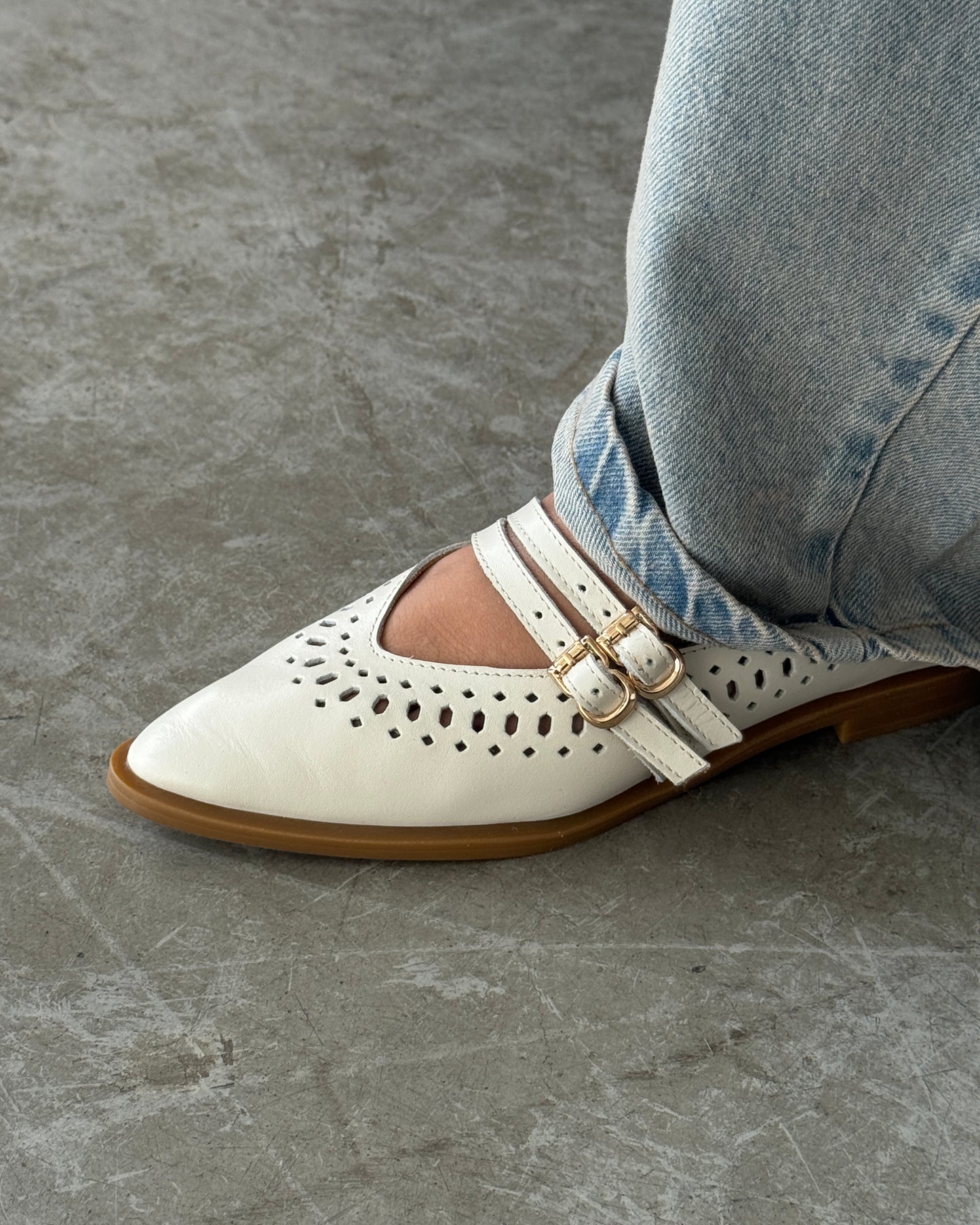 Perforated Leather Mary Jane Flats – Ivory
