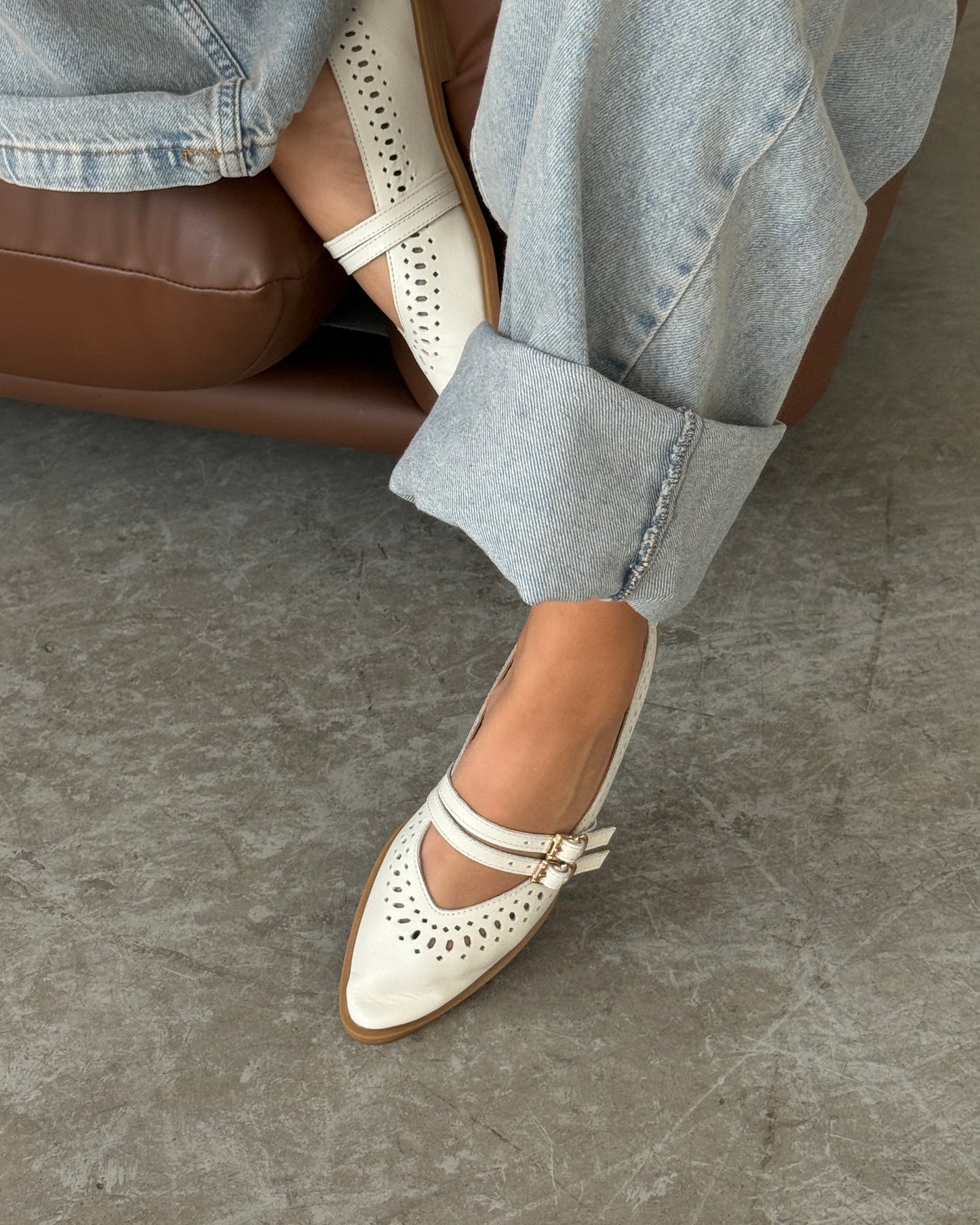 Perforated Leather Mary Jane Flats – Ivory
