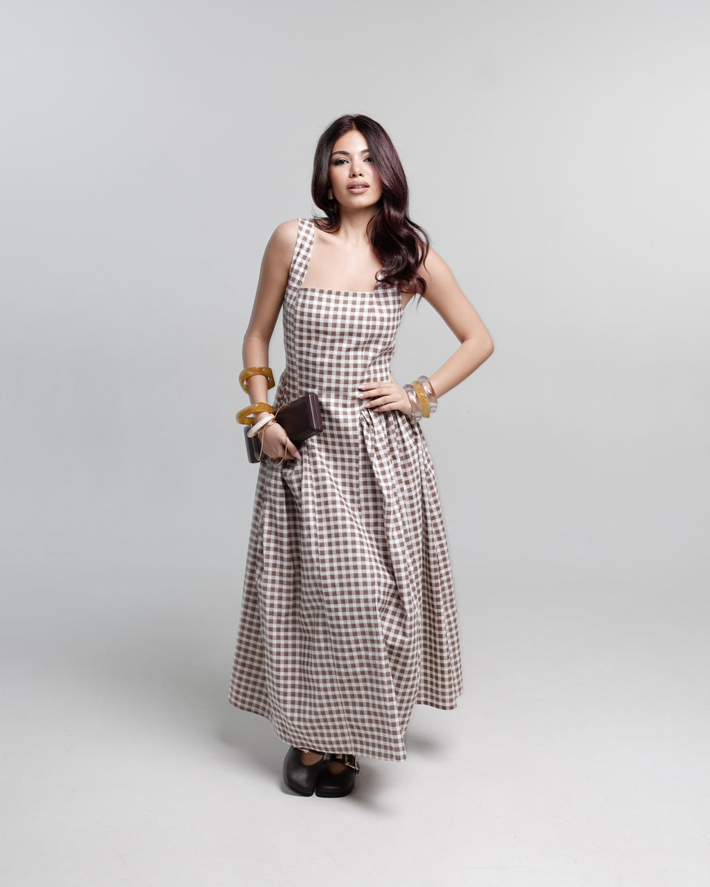 Mocha Checked Midi Dress