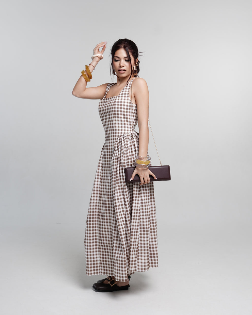 Mocha Checked Midi Dress