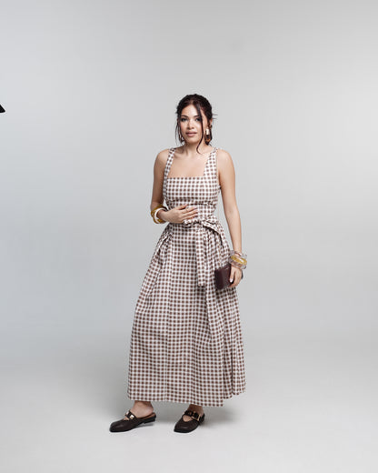Mocha Checked Midi Dress