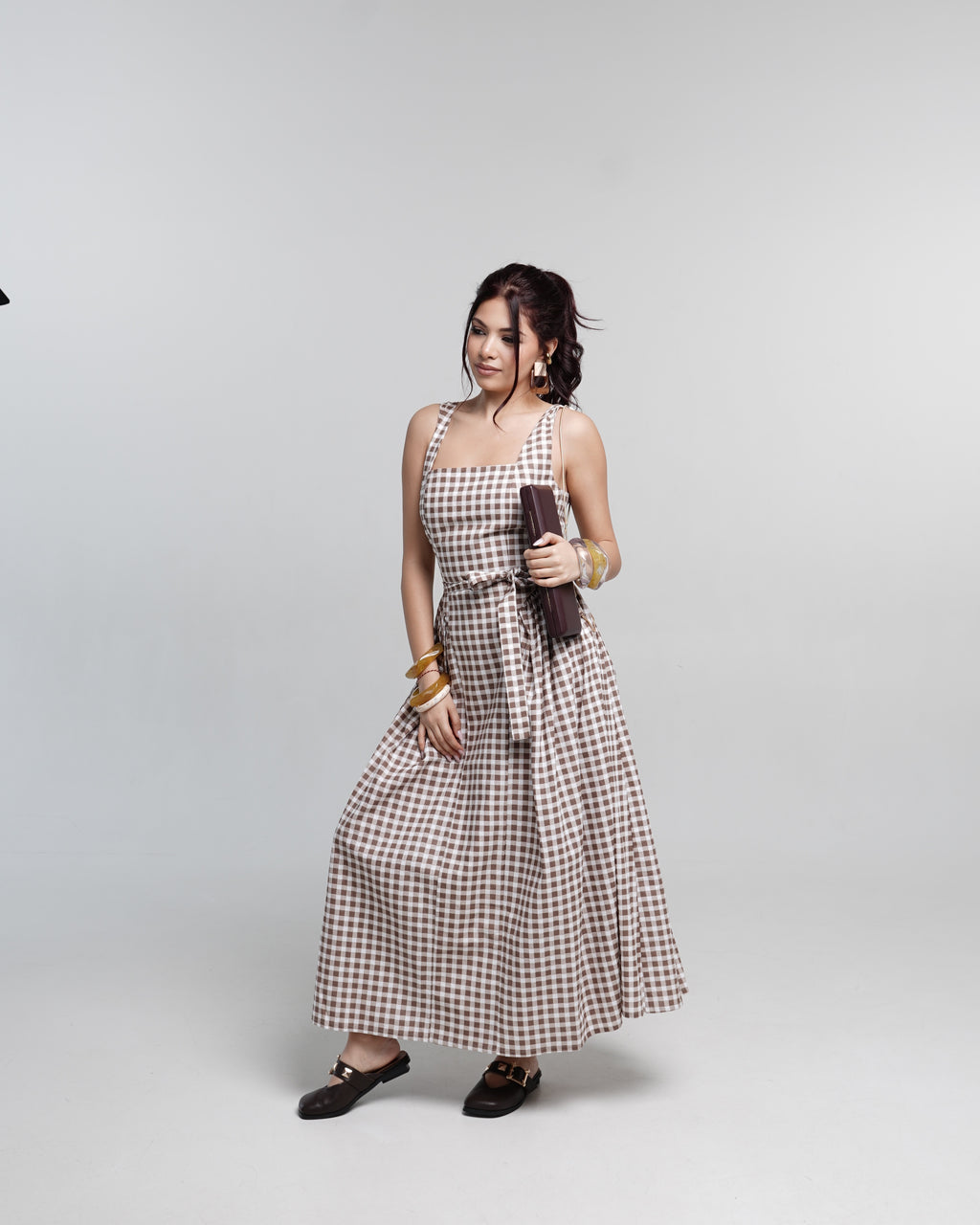 Mocha Checked Midi Dress