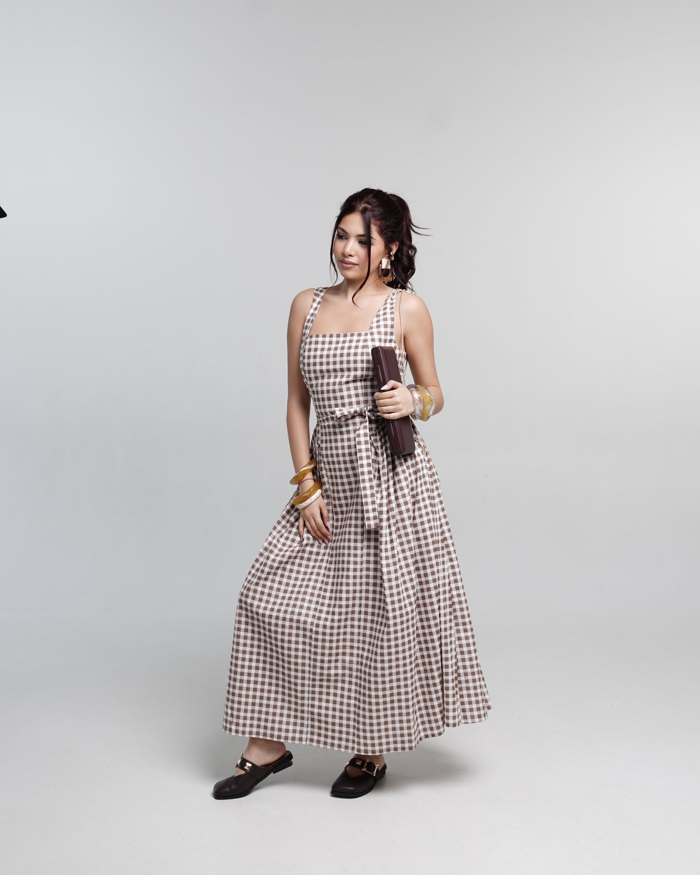 Mocha Checked Midi Dress