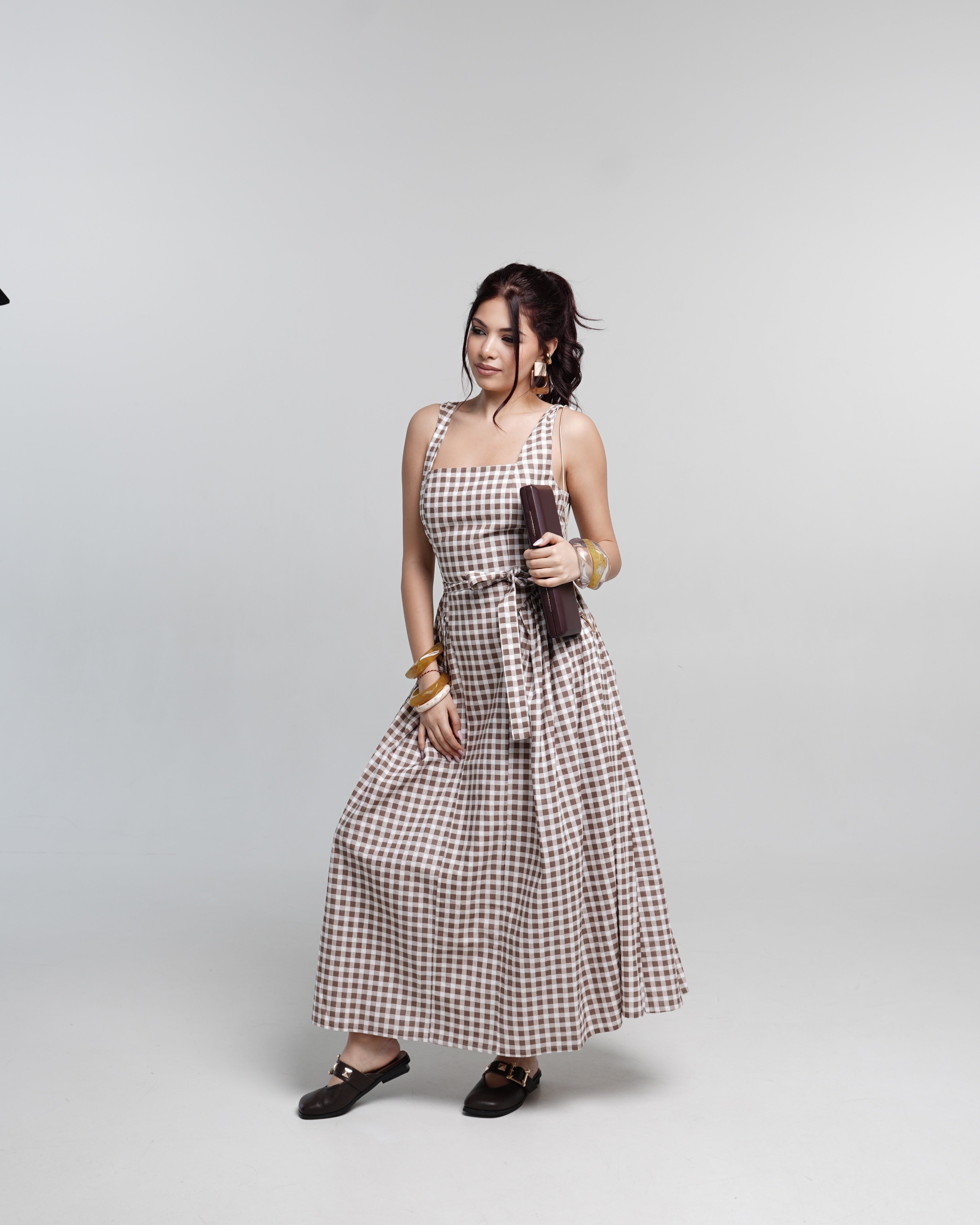 Mocha Checked Midi Dress