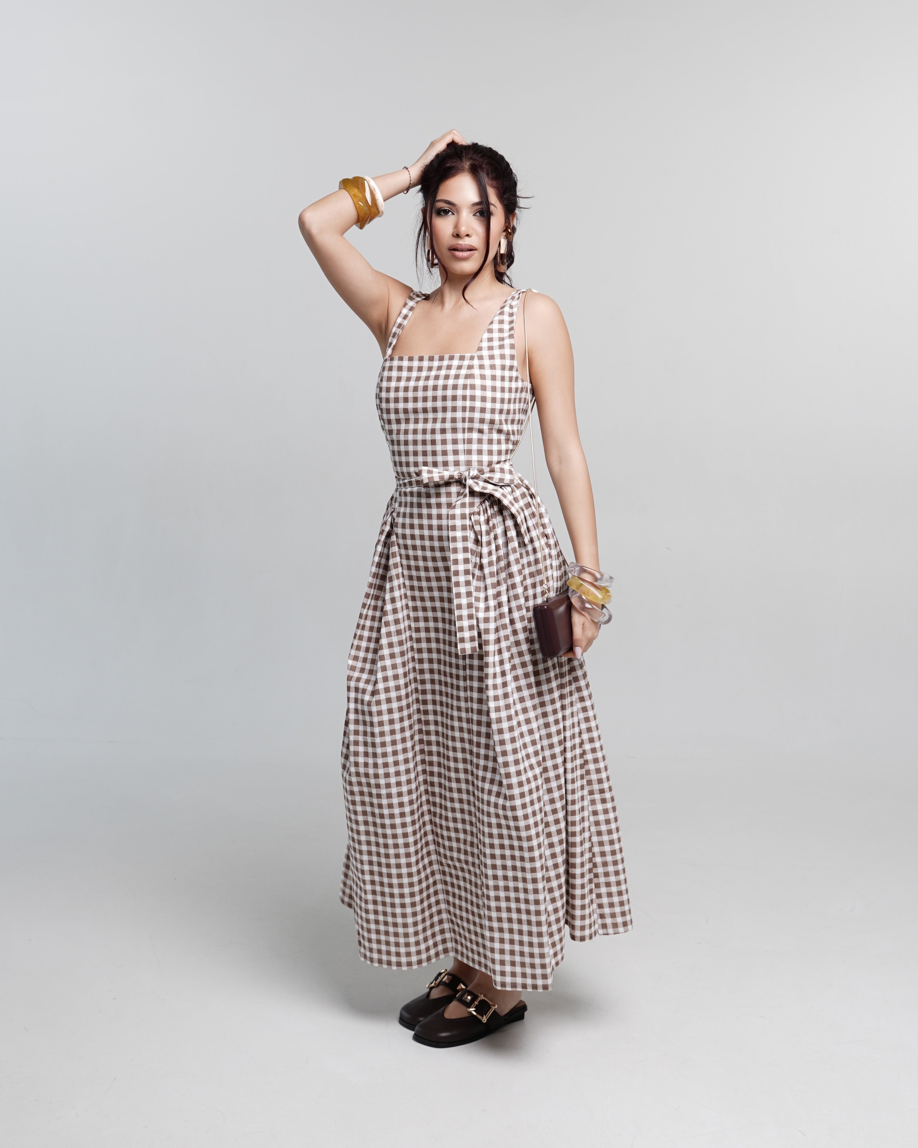 Mocha Checked Midi Dress