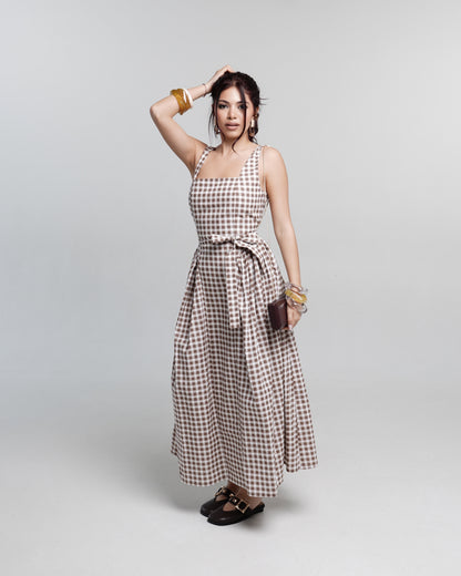 Mocha Checked Midi Dress