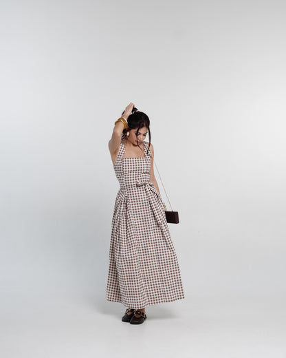 Mocha Checked Midi Dress