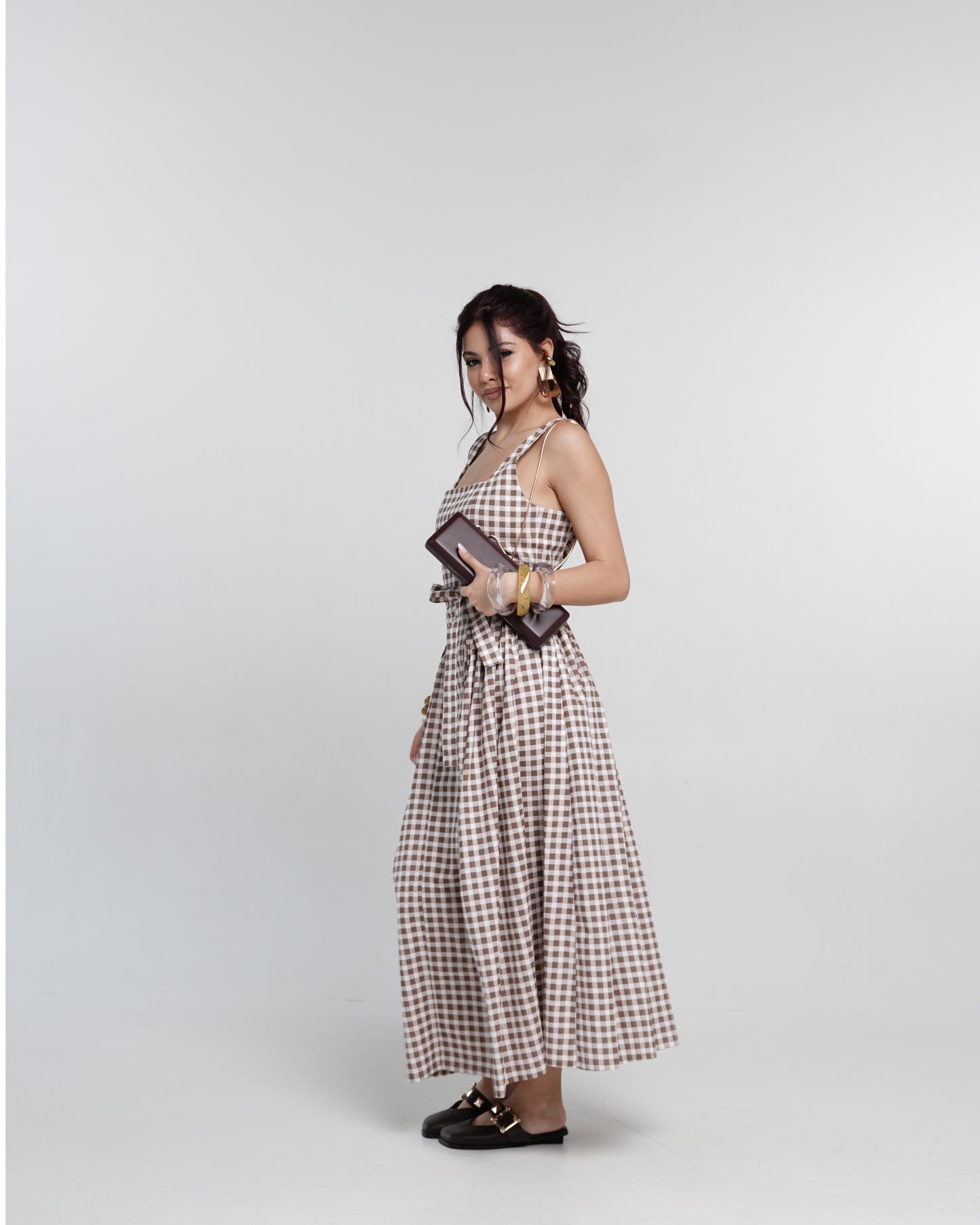 Mocha Checked Midi Dress