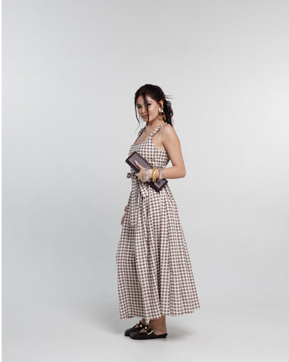 Mocha Checked Midi Dress