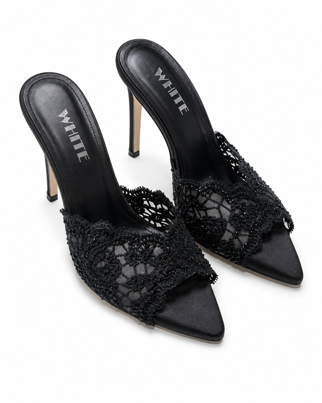Noir Lace Crystal Mule Heels