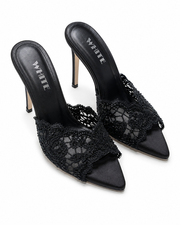 Noir Lace Crystal Mule Heels