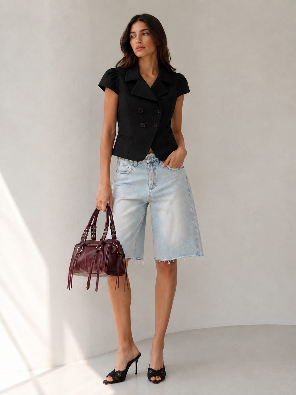 Sculpted Double-Breasted Short Blazer