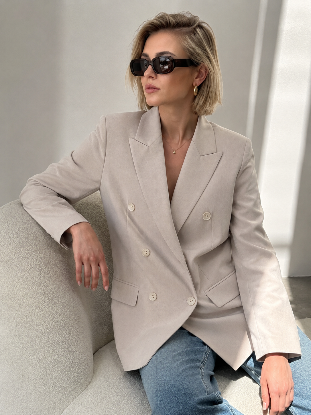 Ivory Double-Breasted Oversized Blazer
