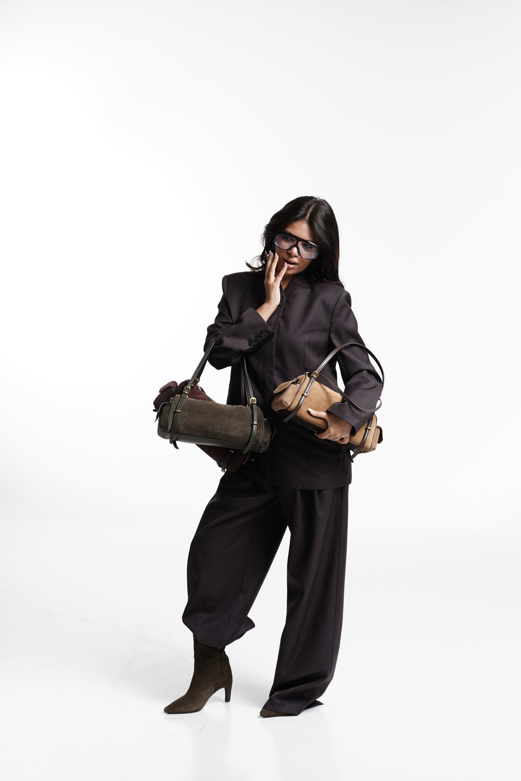 Suede-Effect Barrel Shoulder Bag
