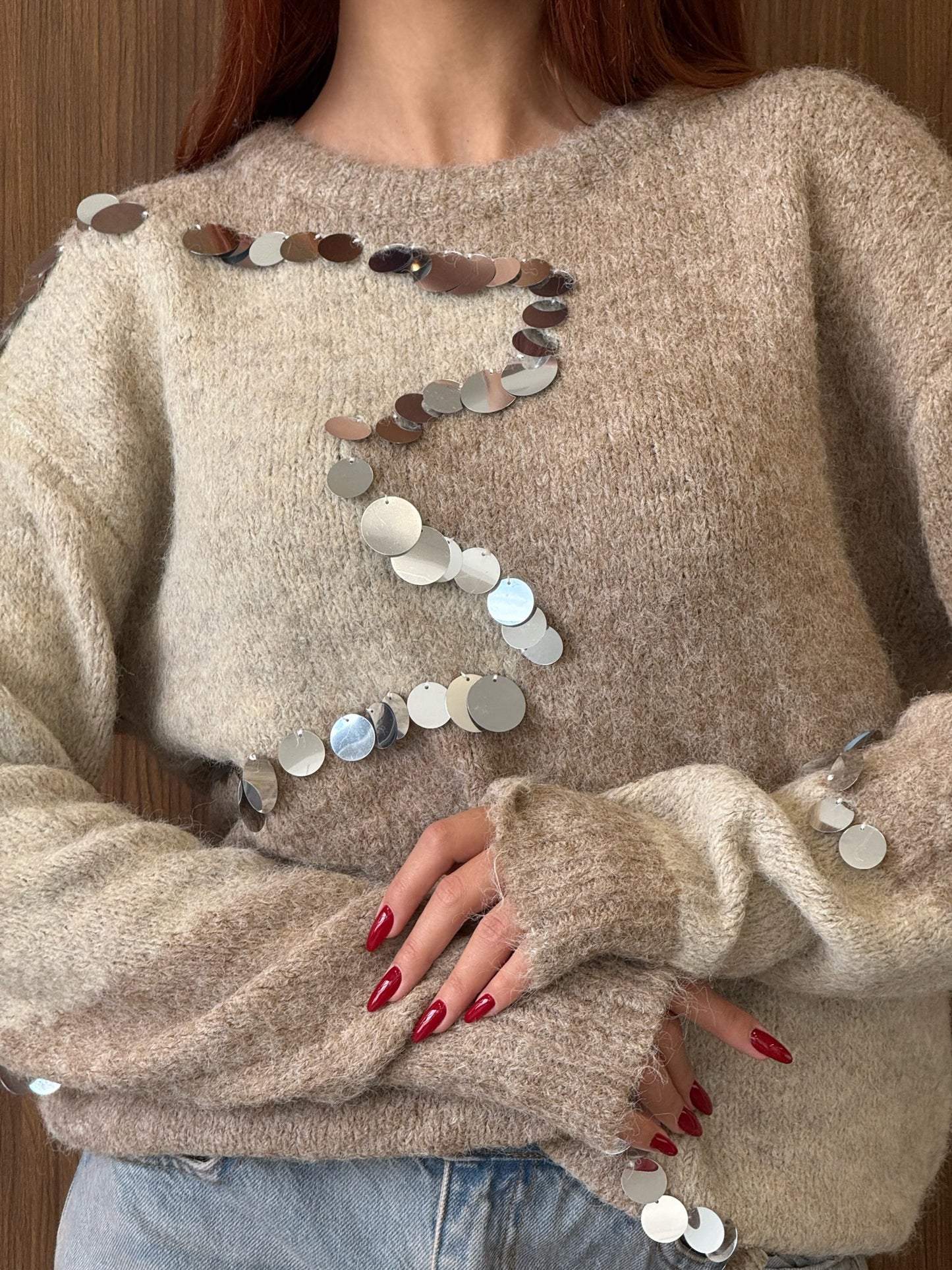 Beige & Cream Contrast Knit with Mirror Sequins