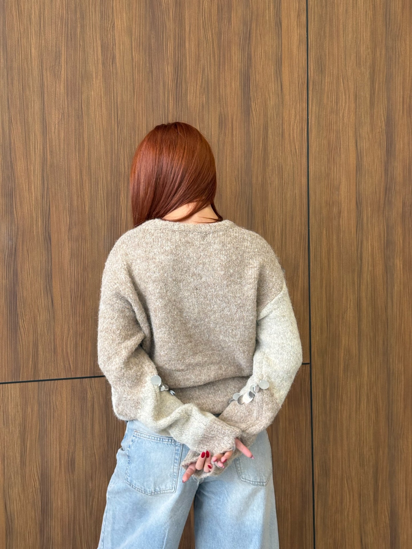 Beige & Cream Contrast Knit with Mirror Sequins