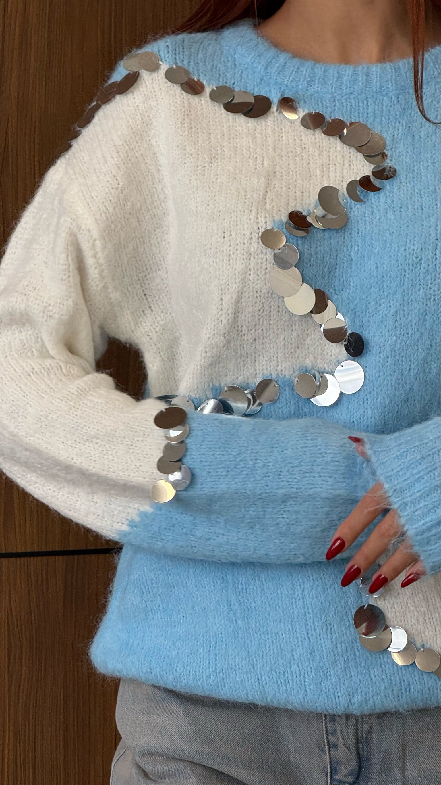 sky blue & White Contrast Knit with Mirror Sequins